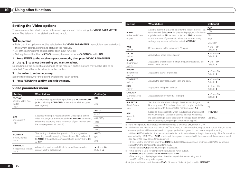 Setting the video options, 09 using other functions setting the video options | Pioneer VSX-921 User Manual | Page 46 / 92