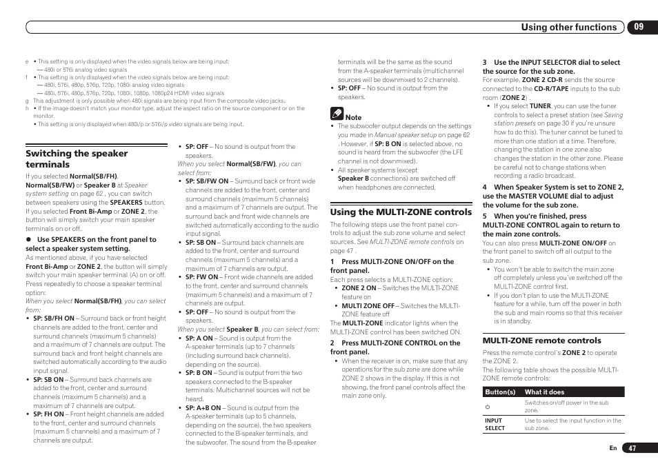 09 using other functions, Switching the speaker terminals, Using the multi-zone controls | Pioneer VSX-921 User Manual | Page 47 / 92