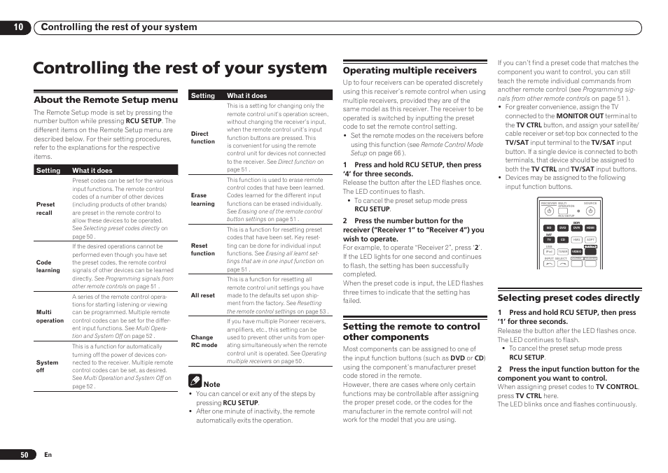 Controlling the rest of your system, Operating multiple receivers, Setting the remote to control other components | Selecting preset codes directly, 10 controlling the rest of your system, About the remote setup menu | Pioneer VSX-921 User Manual | Page 50 / 92