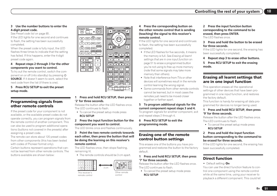 Direct function, 10 controlling the rest of your system, Programming signals from other remote controls | Erasing one of the remote control button settings, 5 press rcu setup to exit the preset setup mode, 6 press rcu setup to exit the programming mode | Pioneer VSX-921 User Manual | Page 51 / 92