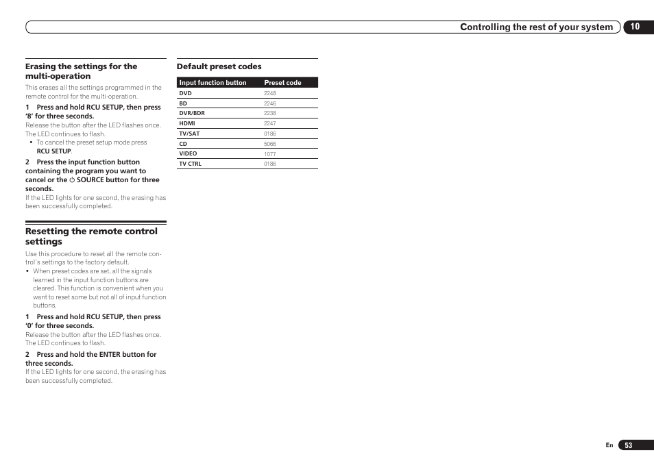 Resetting the remote control settings, 10 controlling the rest of your system | Pioneer VSX-921 User Manual | Page 53 / 92