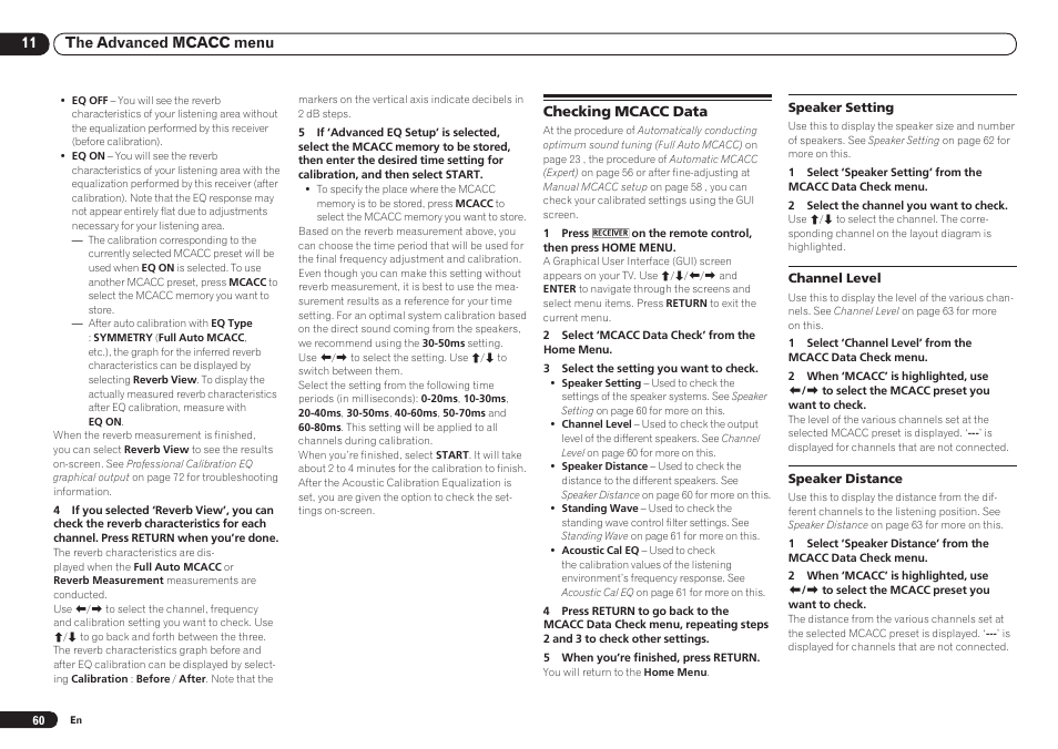 Checking mcacc data, 11 the advanced mcacc menu | Pioneer VSX-921 User Manual | Page 60 / 92