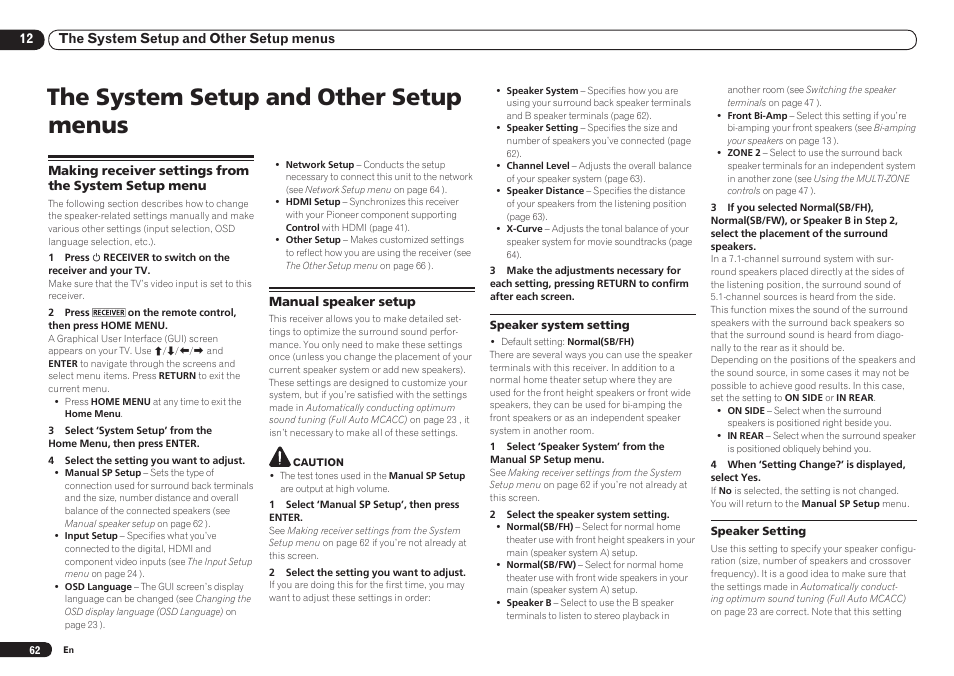 The system setup and other setup menus | Pioneer VSX-921 User Manual | Page 62 / 92