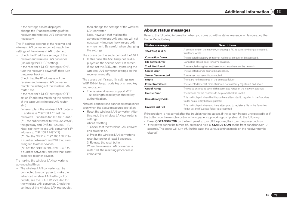 About status messages, 13 additional information | Pioneer VSX-921 User Manual | Page 77 / 92
