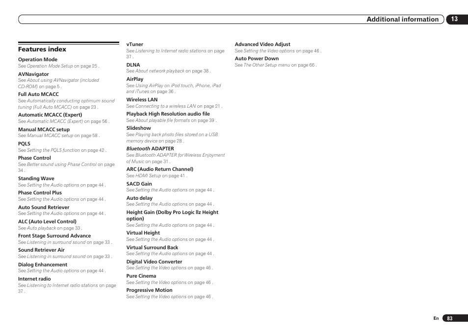 Features index | Pioneer VSX-921 User Manual | Page 83 / 92