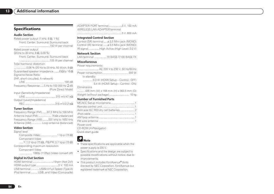 Specifications, 13 additional information | Pioneer VSX-921 User Manual | Page 84 / 92