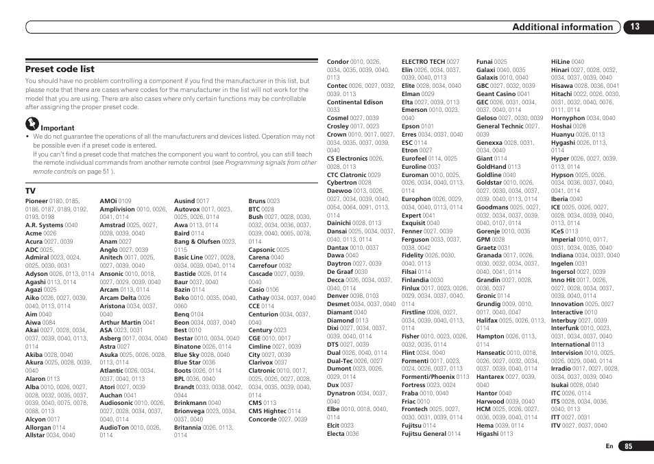 Preset code list | Pioneer VSX-921 User Manual | Page 85 / 92