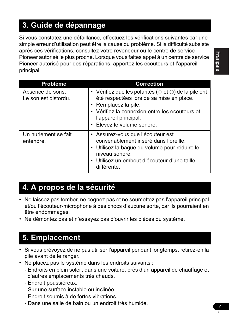 Guide de dépannage, A propos de la sécurité 5. emplacement | Pioneer VMR-M770 User Manual | Page 15 / 52