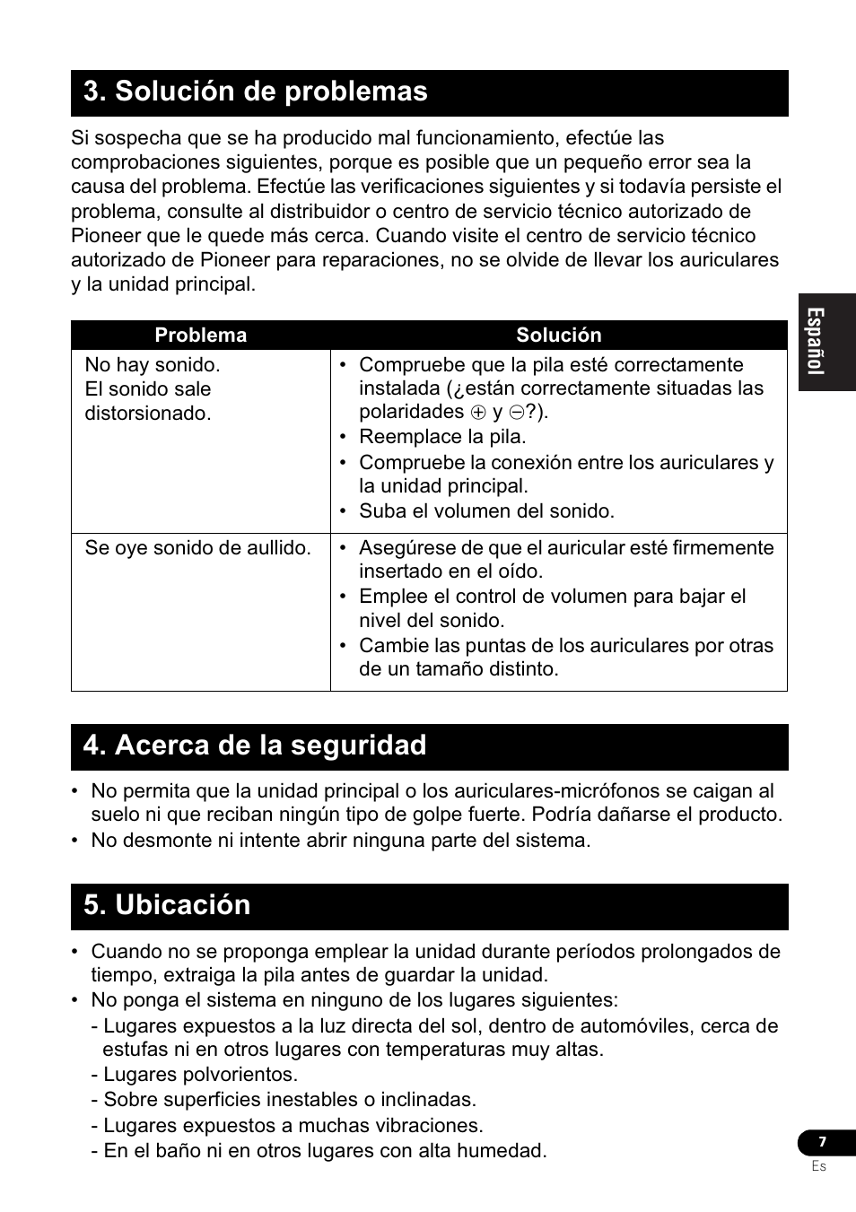 Solución de problemas, Acerca de la seguridad 5. ubicación | Pioneer VMR-M770 User Manual | Page 23 / 52