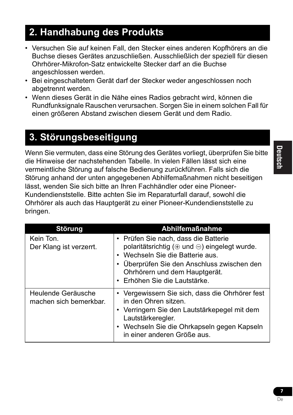Handhabung des produkts 3. störungsbeseitigung | Pioneer VMR-M770 User Manual | Page 31 / 52