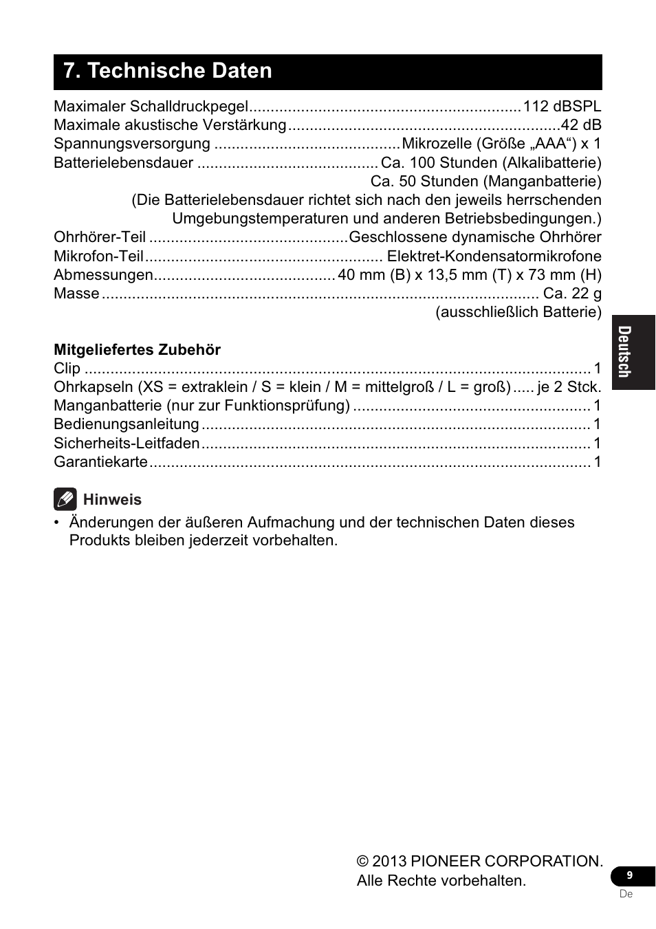 Technische daten | Pioneer VMR-M770 User Manual | Page 33 / 52