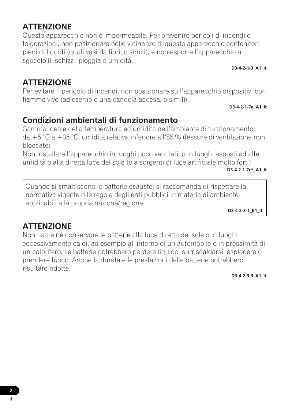 Attenzione, Condizioni ambientali di funzionamento | Pioneer VMR-M770 User Manual | Page 34 / 52