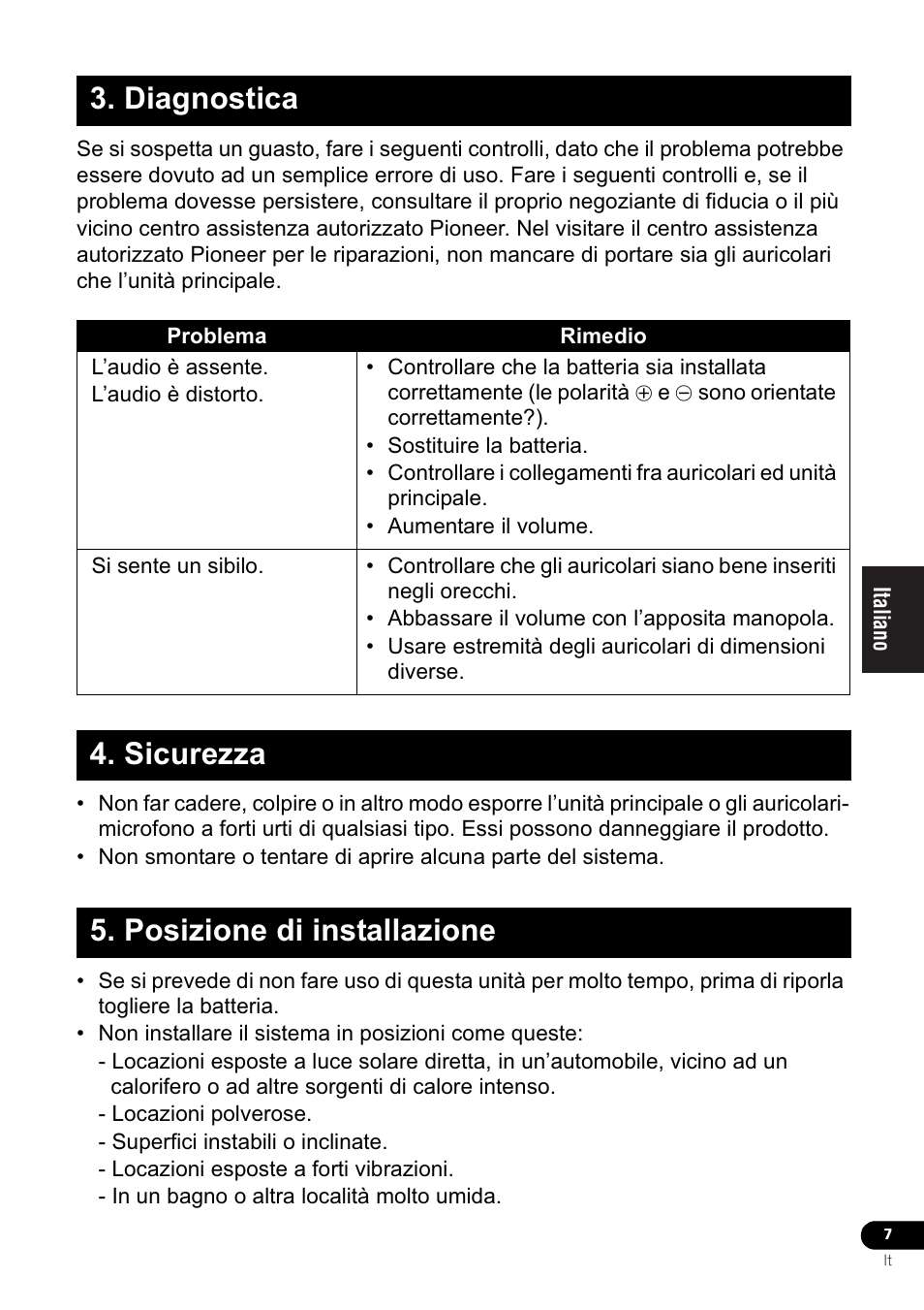 Diagnostica, Sicurezza 5. posizione di installazione | Pioneer VMR-M770 User Manual | Page 39 / 52