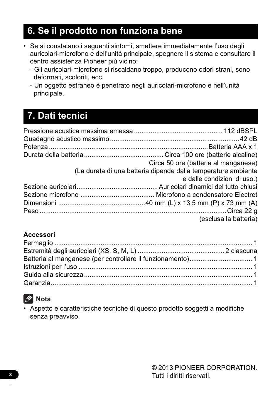 Se il prodotto non funziona bene 7. dati tecnici | Pioneer VMR-M770 User Manual | Page 40 / 52