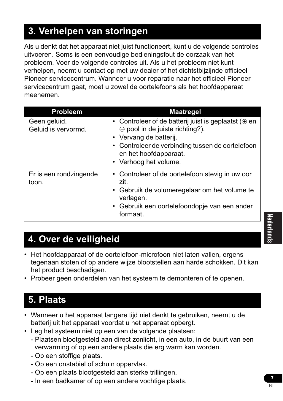 Verhelpen van storingen, Over de veiligheid 5. plaats | Pioneer VMR-M770 User Manual | Page 47 / 52