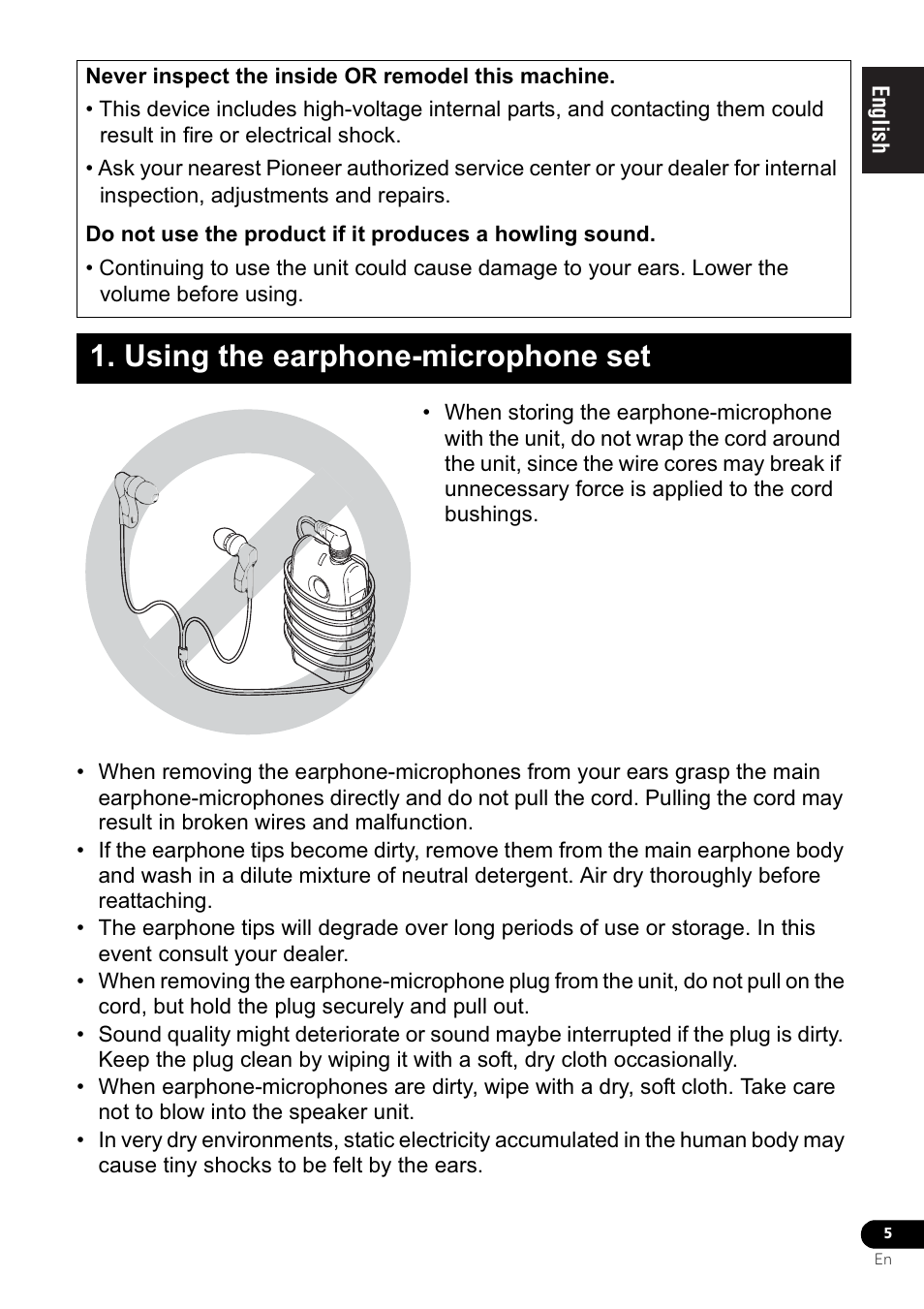 Using the earphone-microphone set | Pioneer VMR-M770 User Manual | Page 5 / 52