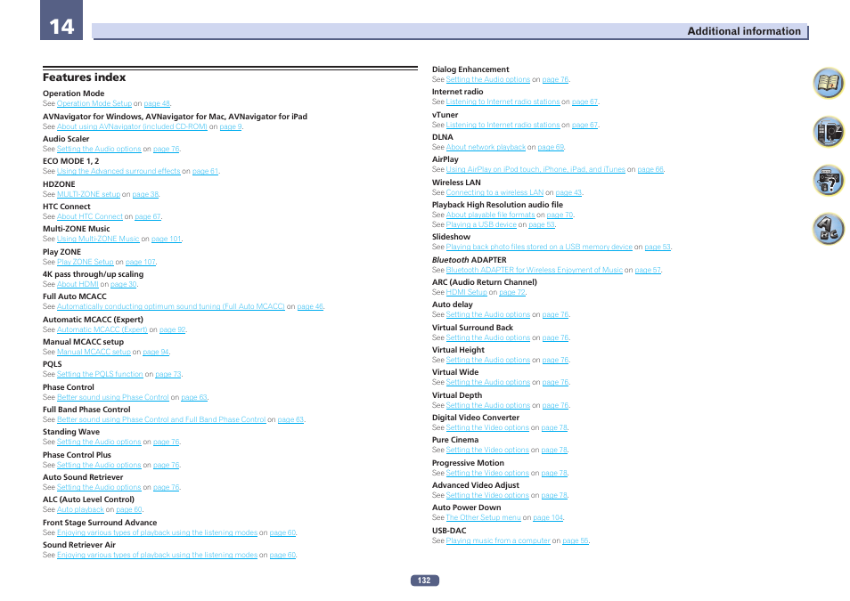 Features index | Pioneer SC-LX77-K User Manual | Page 132 / 139