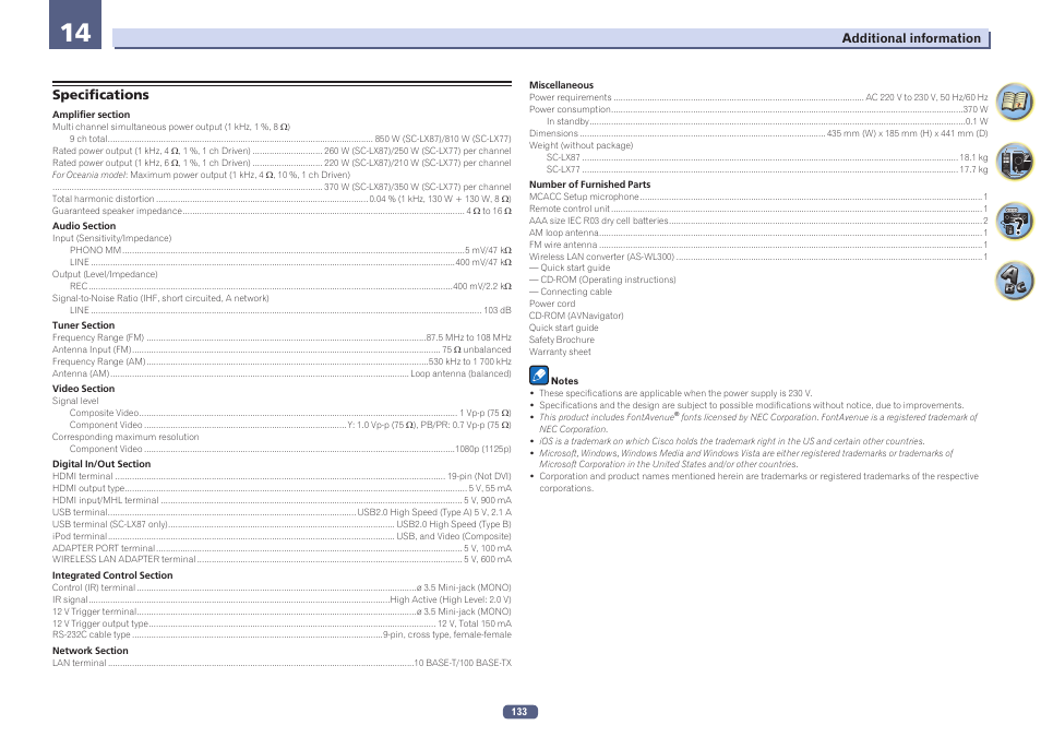 Specifications | Pioneer SC-LX77-K User Manual | Page 133 / 139