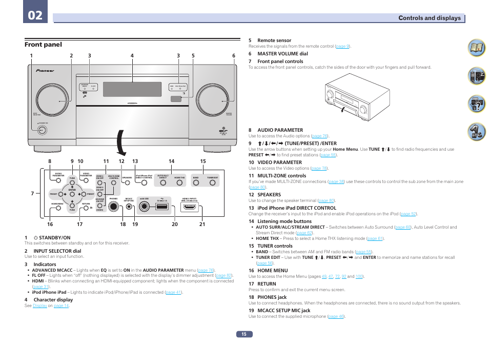 Front panel, Master volume sta ndb y/on inpu t selector | Pioneer SC-LX77-K User Manual | Page 15 / 139