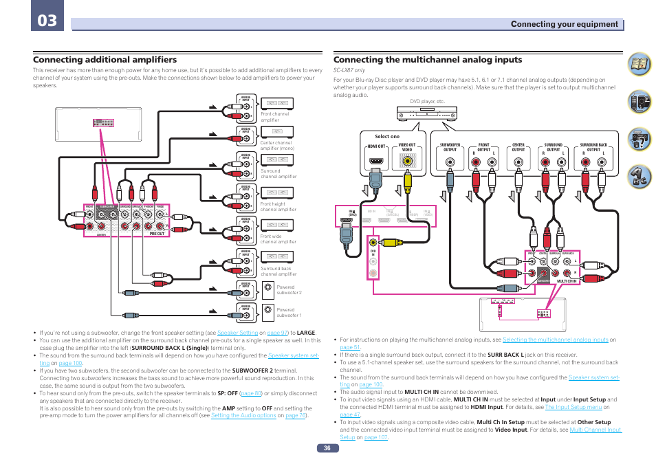 Connecting additional amplifiers, Connecting the multichannel analog inputs | Pioneer SC-LX77-K User Manual | Page 36 / 139