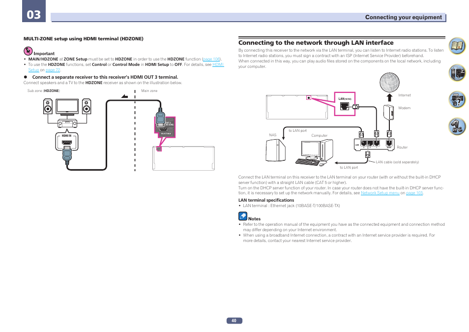 Connecting to the network through lan interface, Out 3 (hd zone) selectable | Pioneer SC-LX77-K User Manual | Page 40 / 139