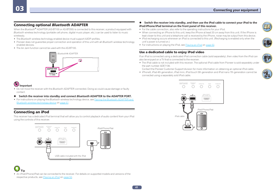 Adapter port (output 5 v 0.1 a max), Connecting optional bluetooth adapter, Connecting an ipod | Pioneer SC-LX77-K User Manual | Page 41 / 139