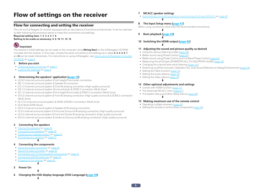 Flow of settings on the receiver, Flow for connecting and setting the receiver | Pioneer SC-LX77-K User Manual | Page 5 / 139