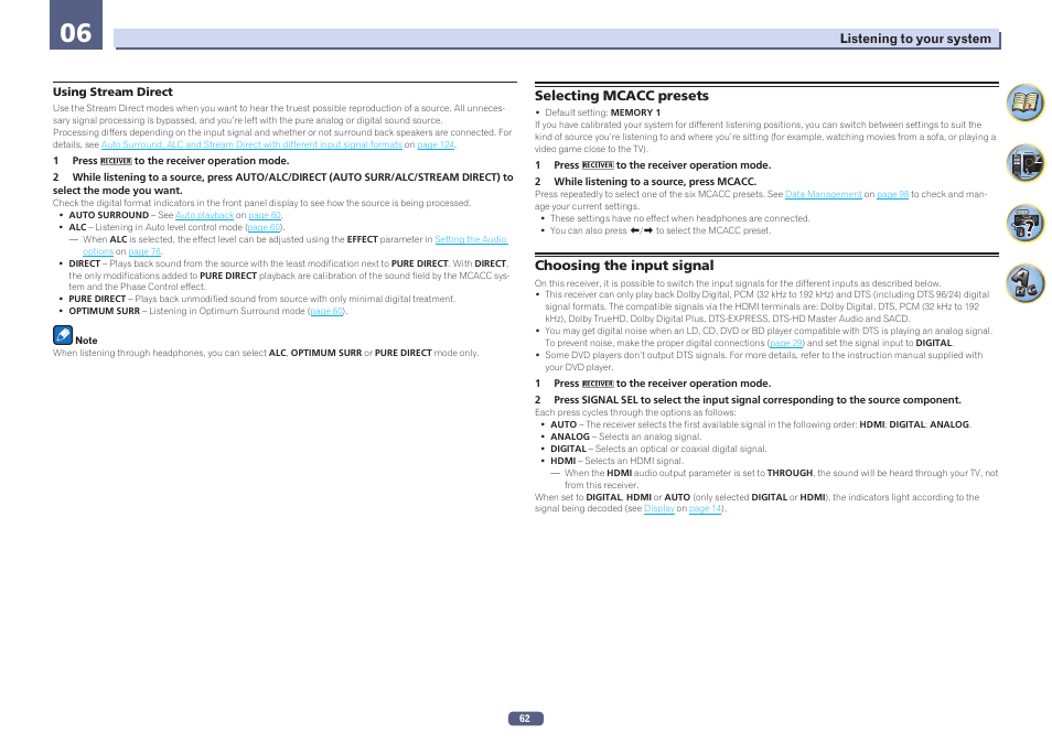 Selecting mcacc presets choosing the input signal | Pioneer SC-LX77-K User Manual | Page 62 / 139