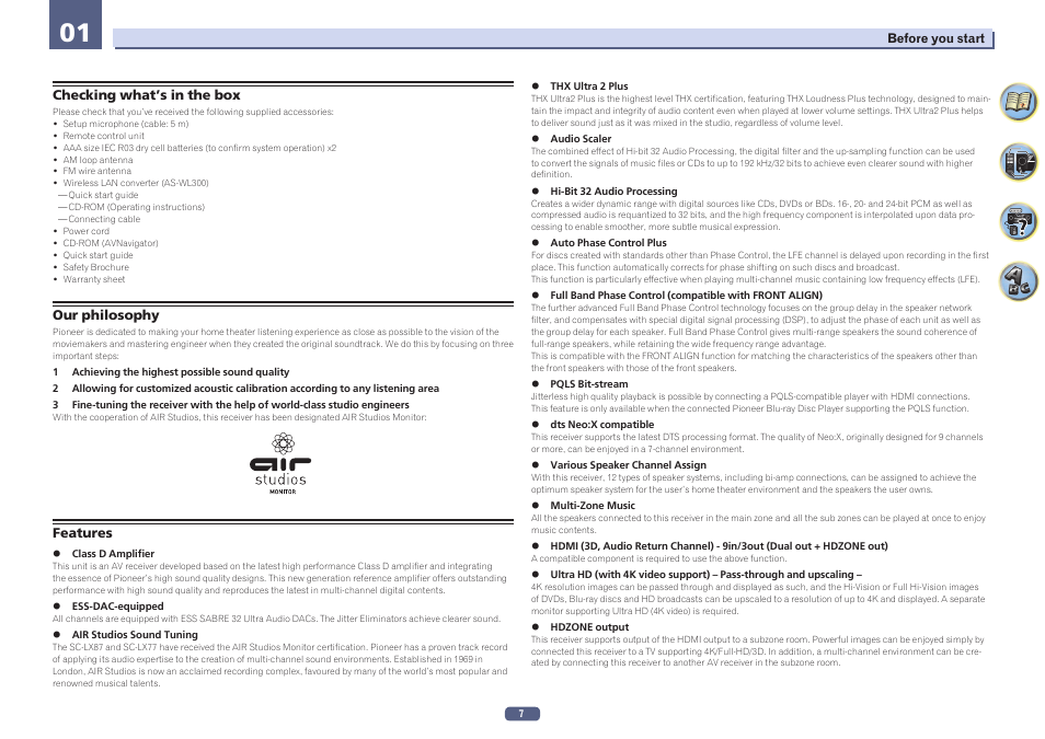 01 before you start, Checking what’s in the box our philosophy features | Pioneer SC-LX77-K User Manual | Page 7 / 139