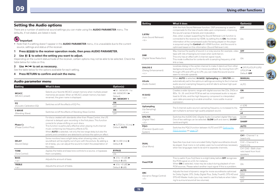 09 using other functions, Setting the audio options | Pioneer SC-LX77-K User Manual | Page 76 / 139