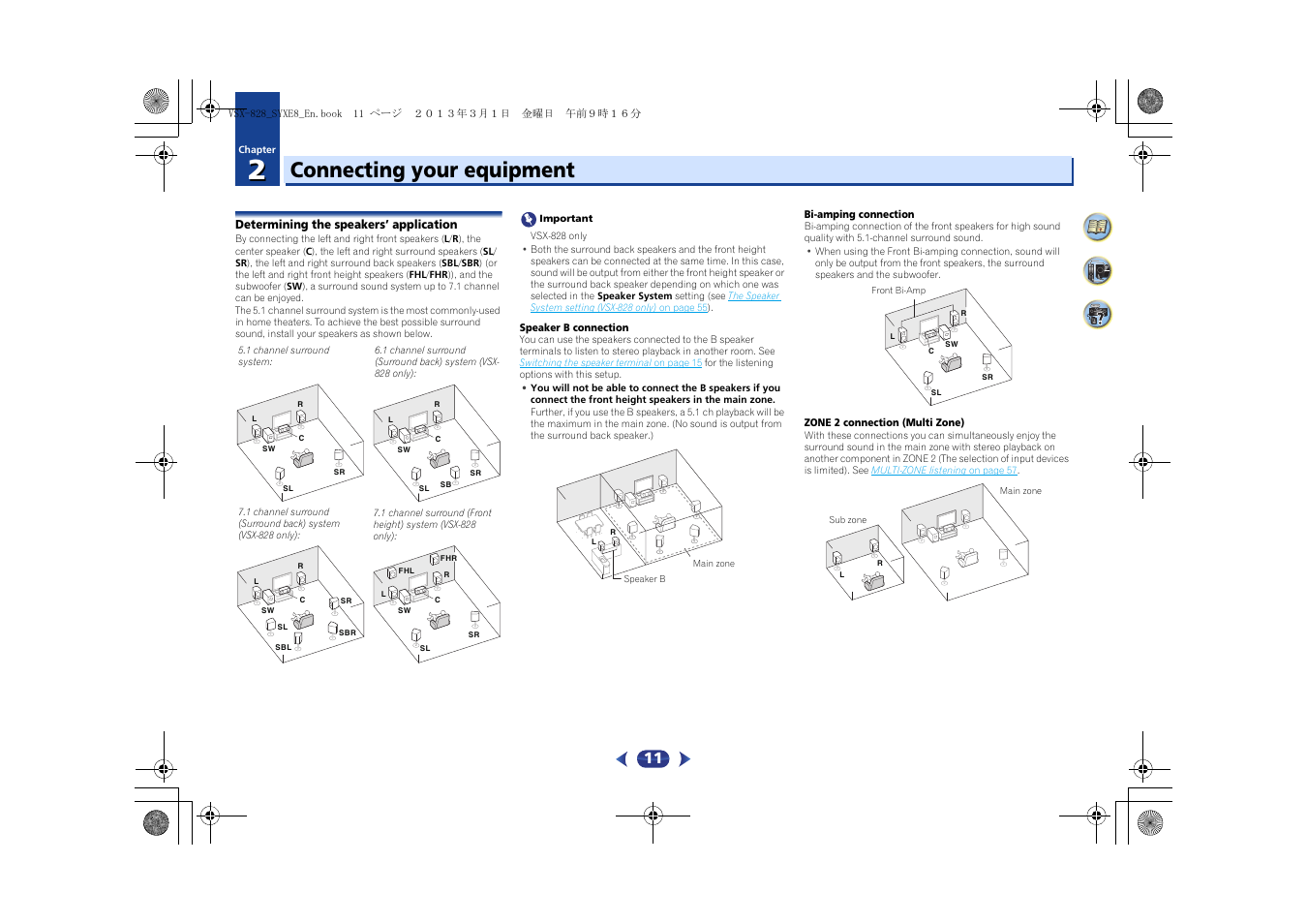 02 connecting your equipment, Determining the speakers’ application, Connecting your equipment | Pioneer VSX-828-K User Manual | Page 11 / 71