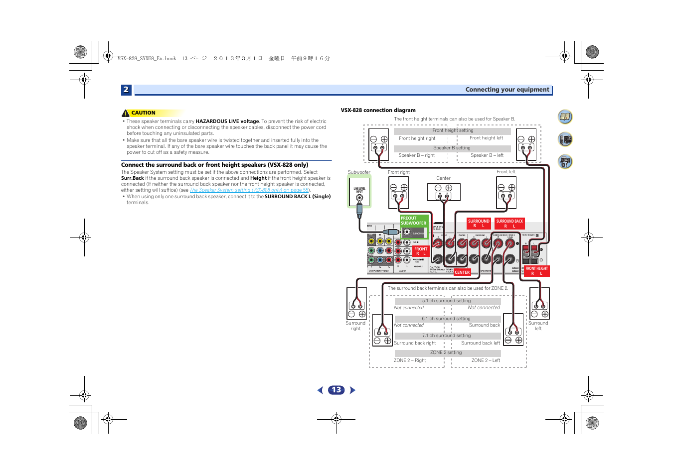Connect the surround back or front height speakers, Vsx-828 only) | Pioneer VSX-828-K User Manual | Page 13 / 71