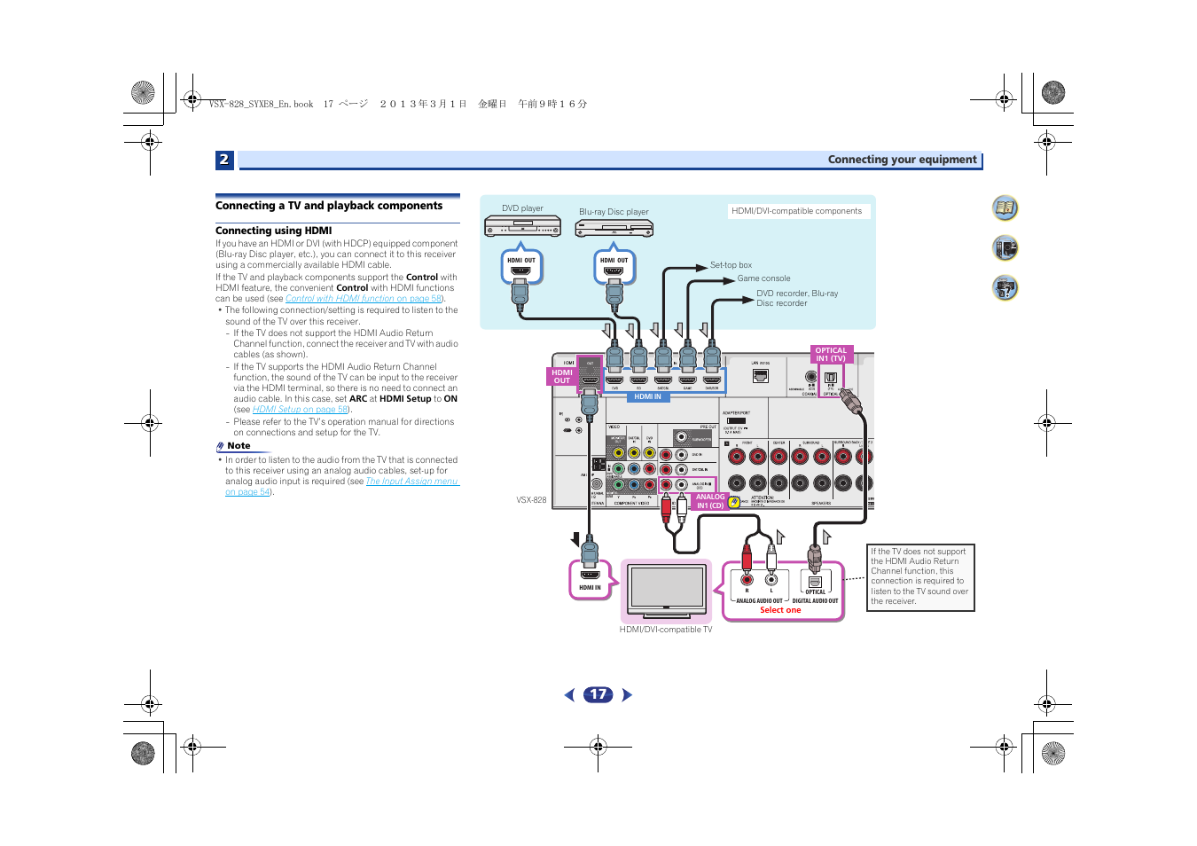 Connecting a tv and playback components, Connecting using hdmi | Pioneer VSX-828-K User Manual | Page 17 / 71