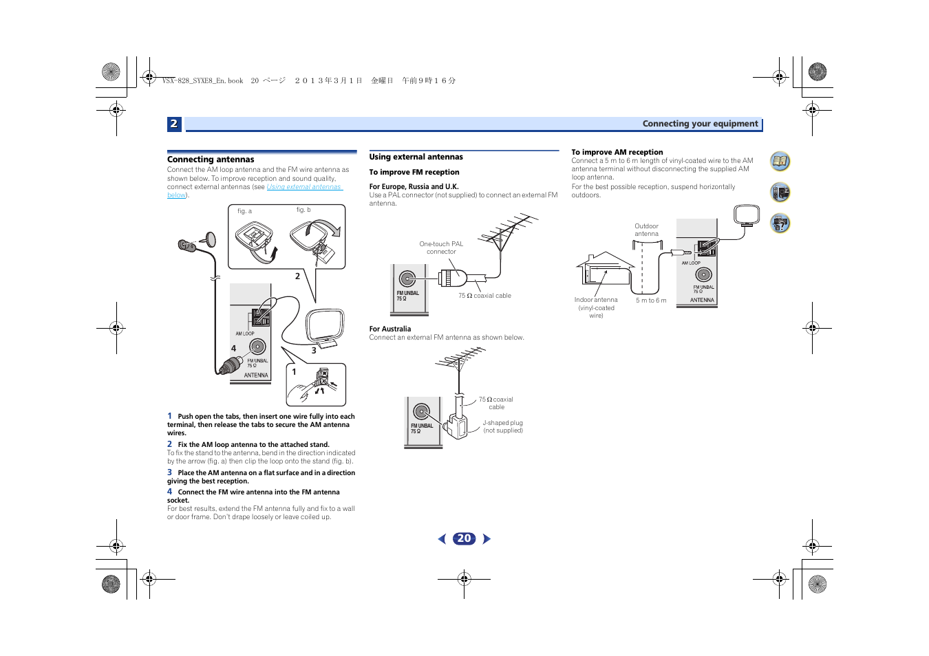 Connecting antennas, Using external antennas | Pioneer VSX-828-K User Manual | Page 20 / 71