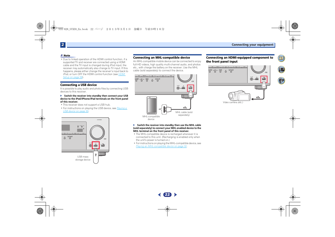 Connecting a usb device, Connecting an mhl-compatible device, Connecting an hdmi-equipped component to the front | Panel input | Pioneer VSX-828-K User Manual | Page 22 / 71