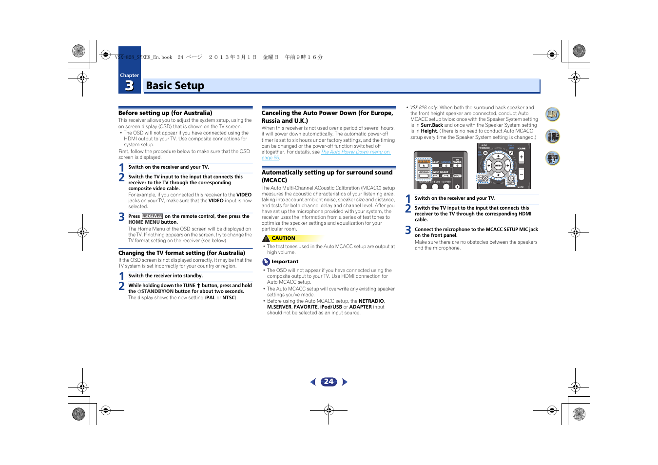 03 basic setup, Before setting up (for australia), Changing the tv format setting (for australia) | U.k.), Automatically setting up for surround sound, Mcacc), Basic setup | Pioneer VSX-828-K User Manual | Page 24 / 71