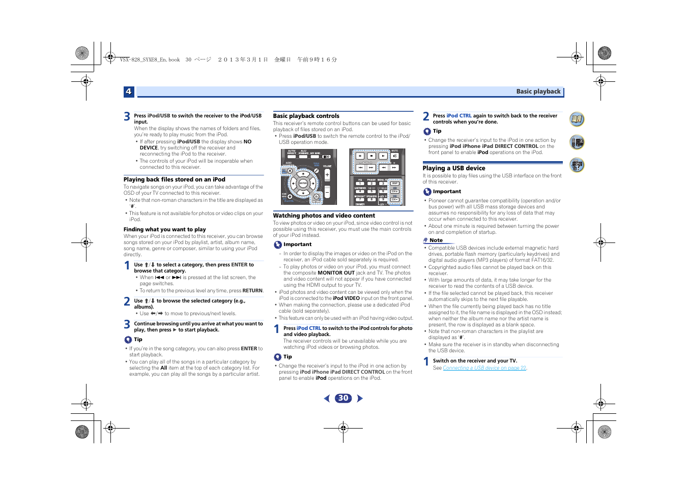 Playing back files stored on an ipod, Basic playback controls, Watching photos and video content | Playing a usb device | Pioneer VSX-828-K User Manual | Page 30 / 71