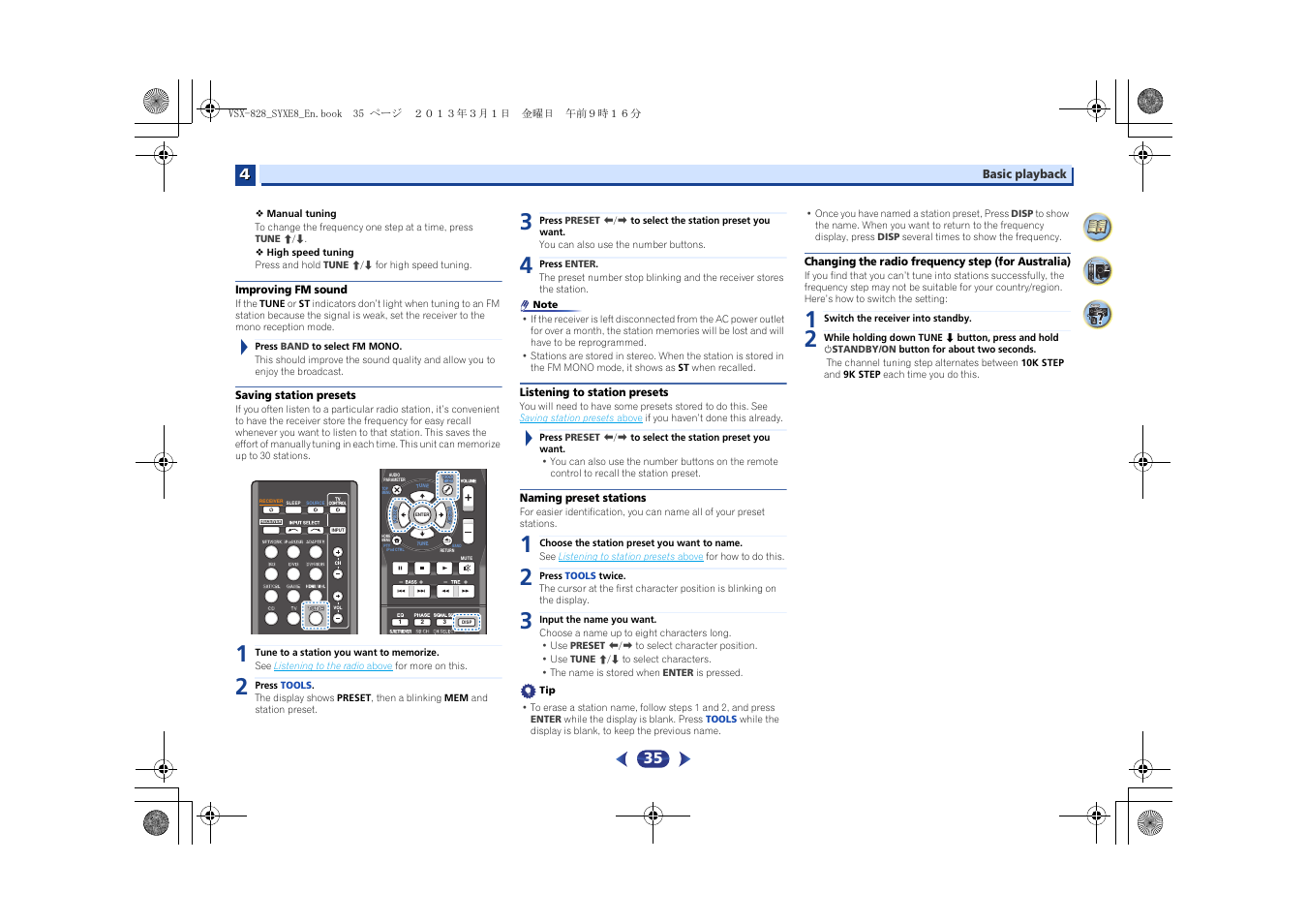 Improving fm sound, Saving station presets, Listening to station presets | Naming preset stations, Changing the radio frequency step (for australia) | Pioneer VSX-828-K User Manual | Page 35 / 71
