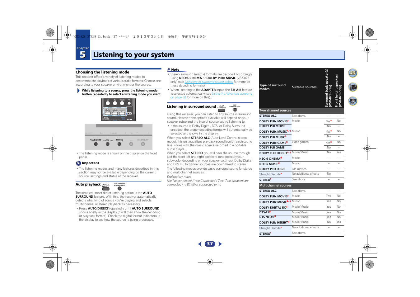 05 listening to your system, Choosing the listening mode, Auto playback | Listening in surround sound, Listening to your system | Pioneer VSX-828-K User Manual | Page 37 / 71