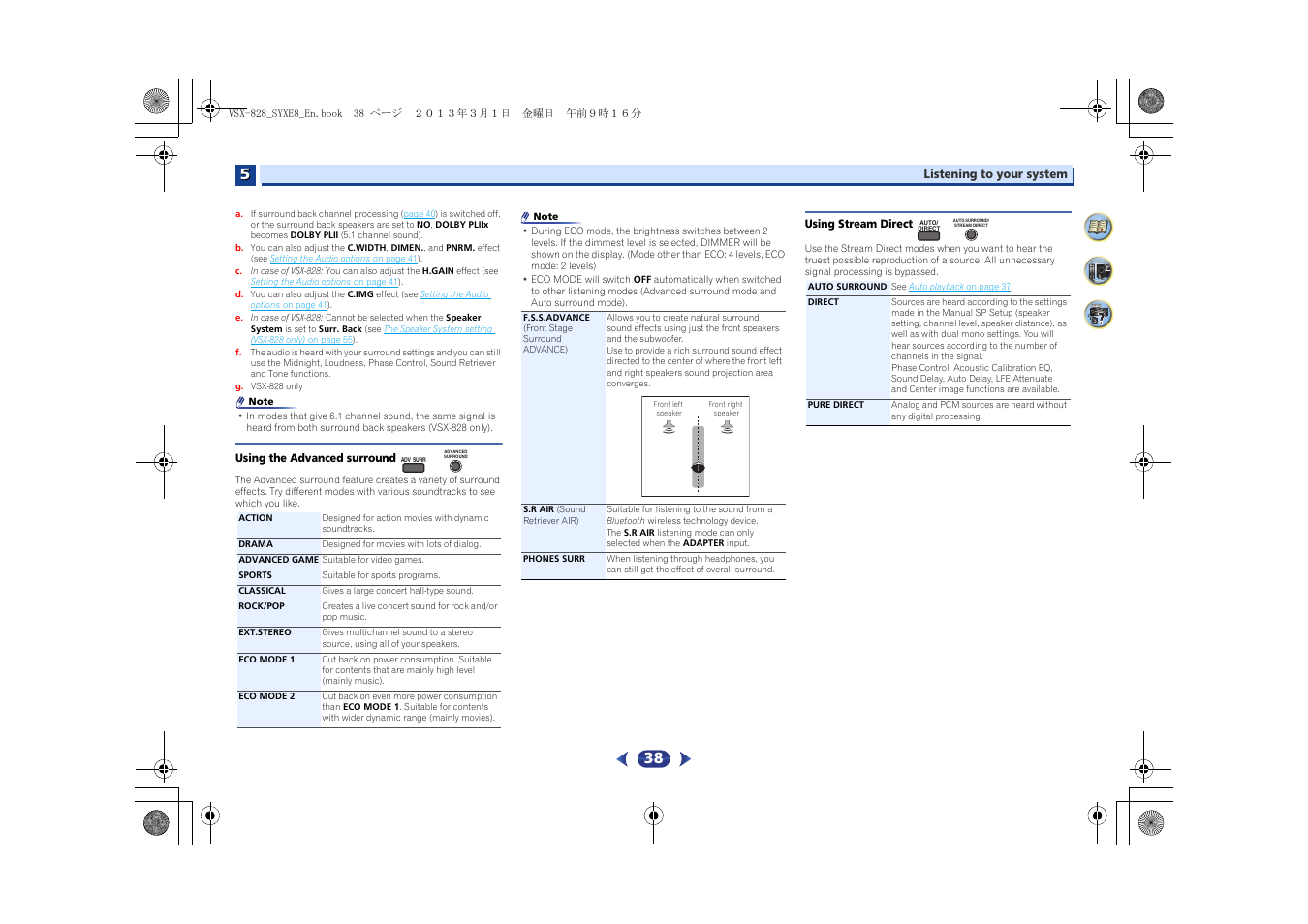 Using the advanced surround, Using stream direct | Pioneer VSX-828-K User Manual | Page 38 / 71