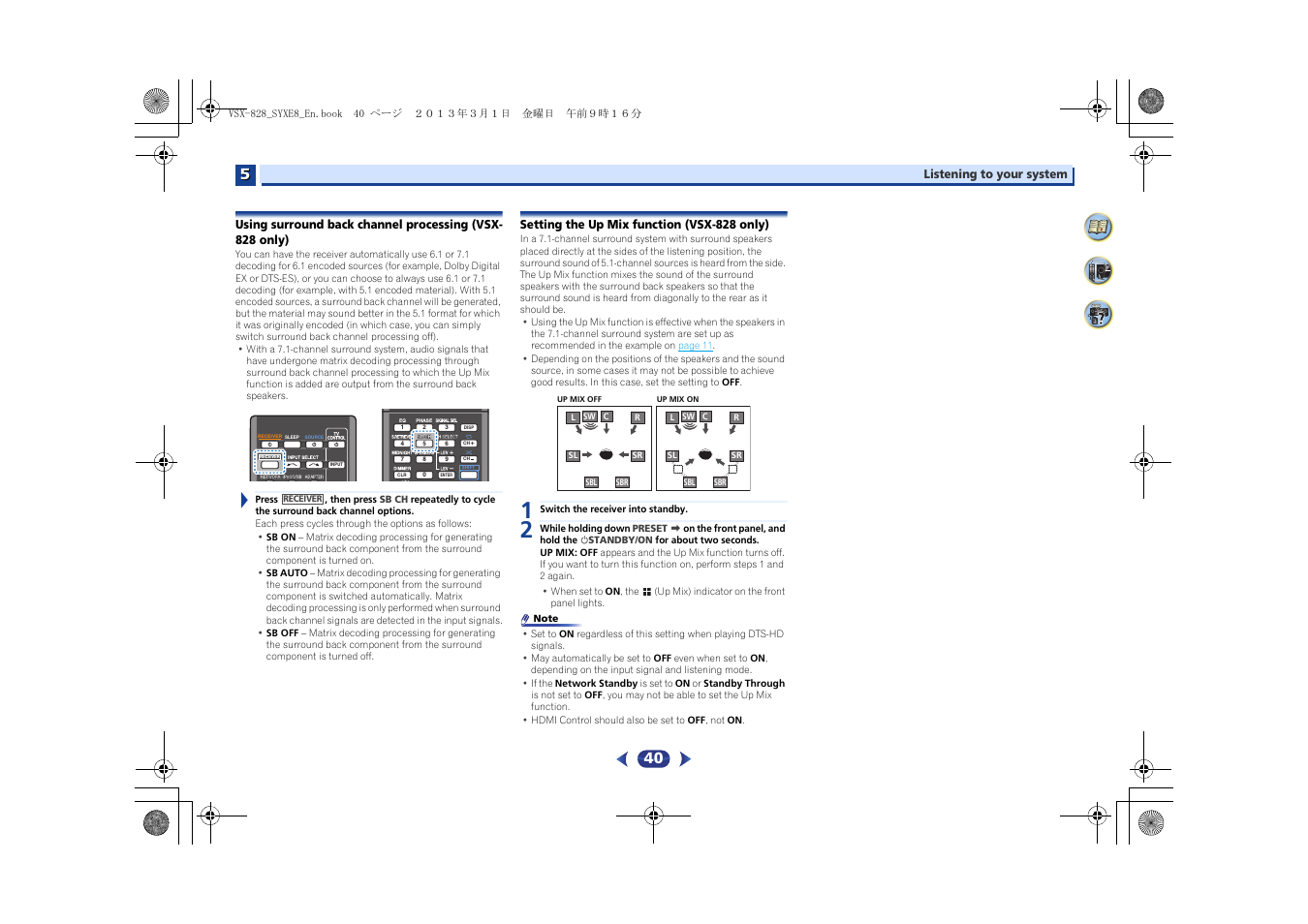 Using surround back channel processing, Vsx-828 only), Setting the up mix function (vsx-828 only) | Pioneer VSX-828-K User Manual | Page 40 / 71