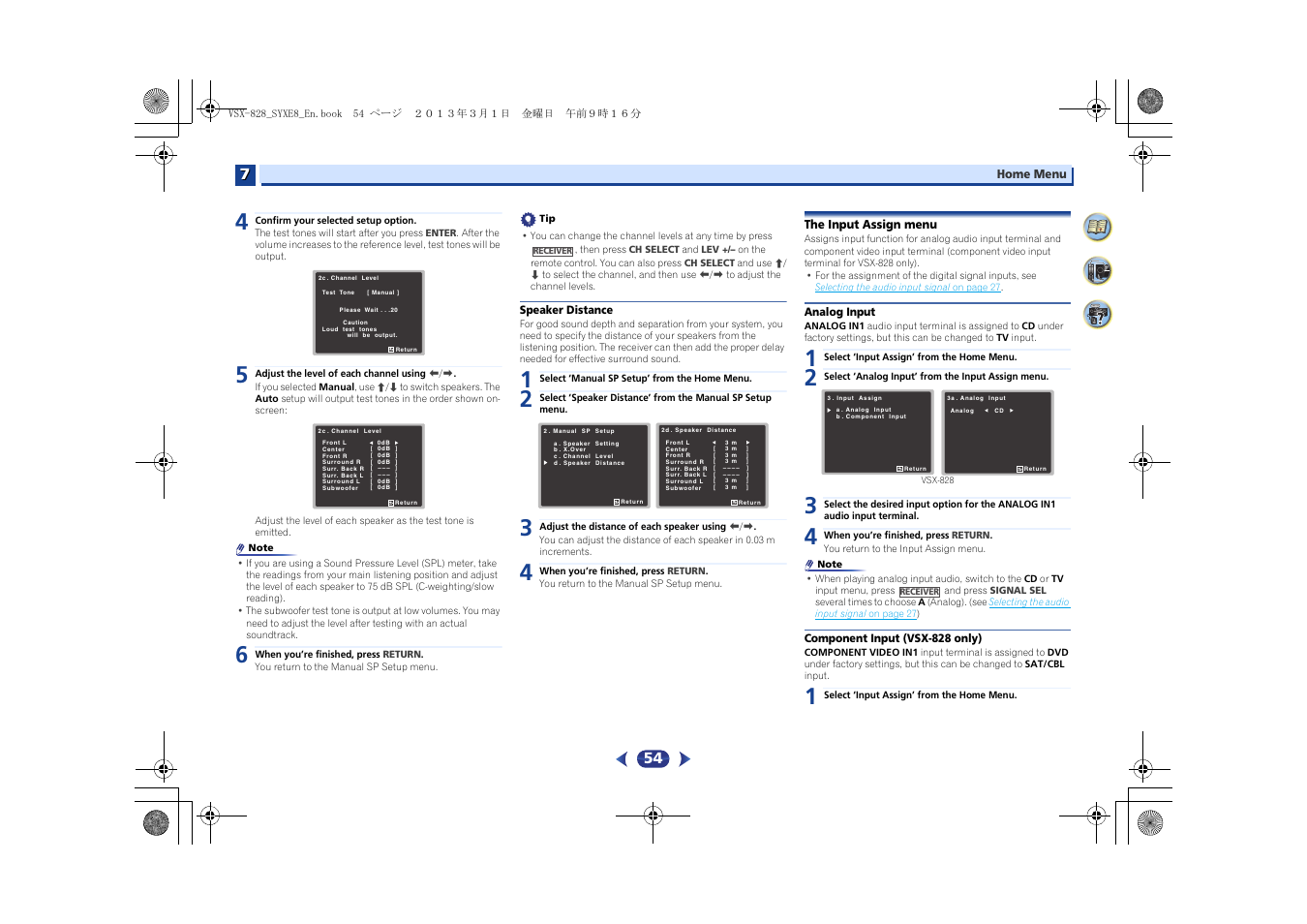 Speaker distance, The input assign menu, Analog input | Component input (vsx-828 only) | Pioneer VSX-828-K User Manual | Page 54 / 71
