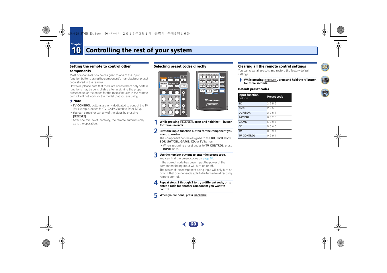 10 controlling the rest of your system, Setting the remote to control other components, Selecting preset codes directly | Clearing all the remote control settings, Controlling the rest of your system | Pioneer VSX-828-K User Manual | Page 60 / 71