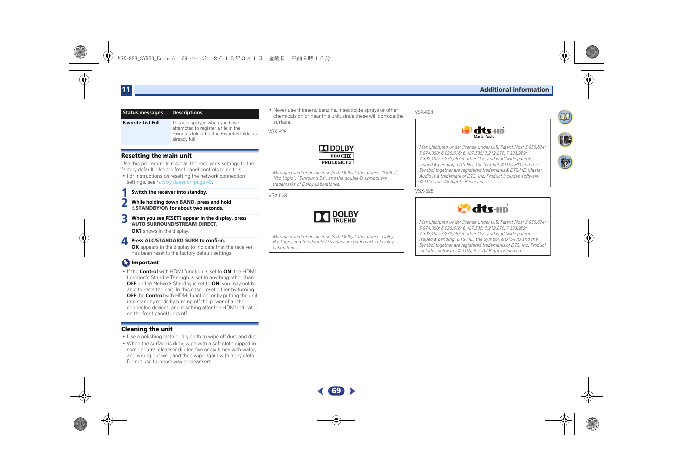 Resetting the main unit, Cleaning the unit | Pioneer VSX-828-K User Manual | Page 69 / 71