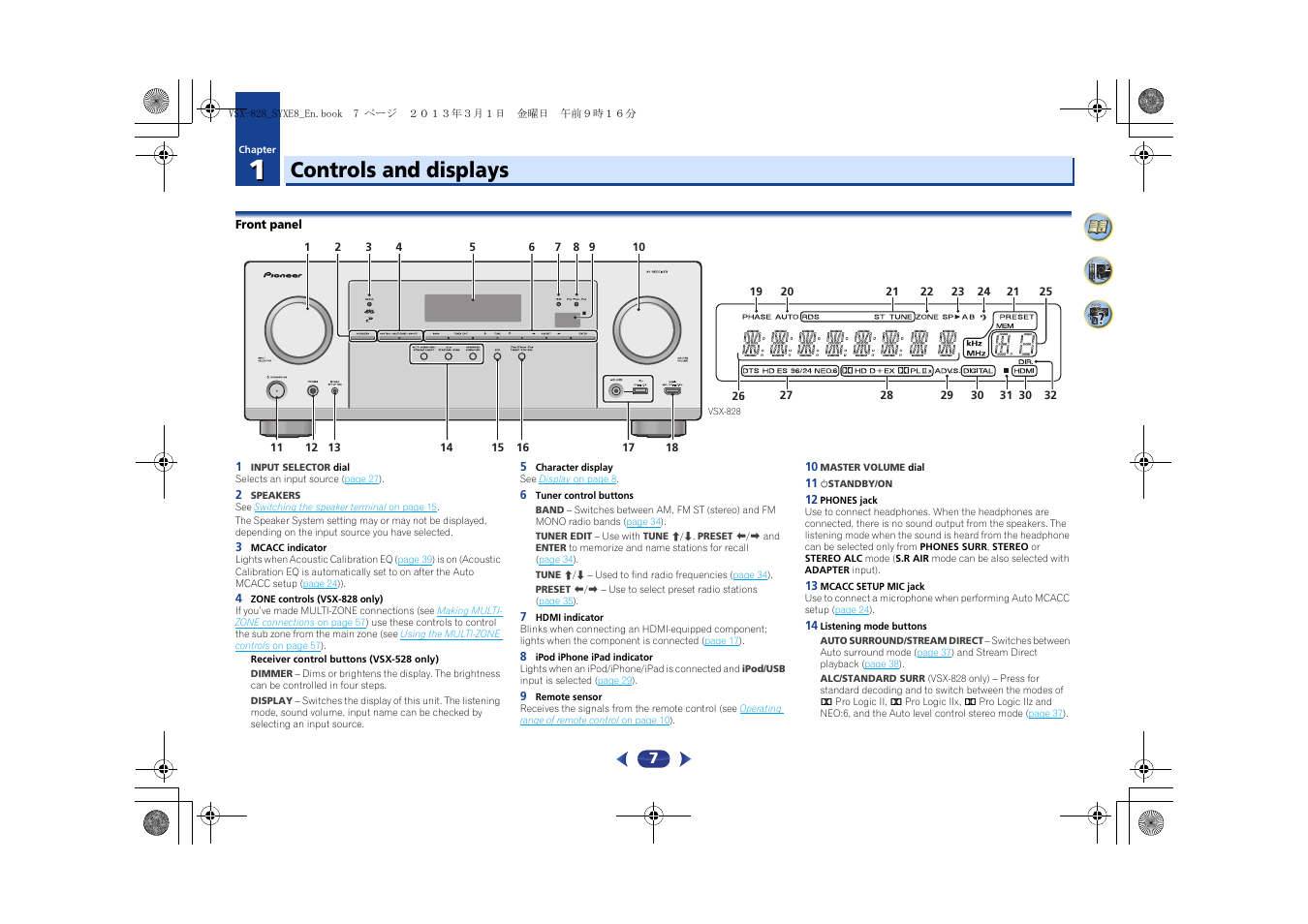 01 controls and displays, Front panel, Controls and displays | Pioneer VSX-828-K User Manual | Page 7 / 71