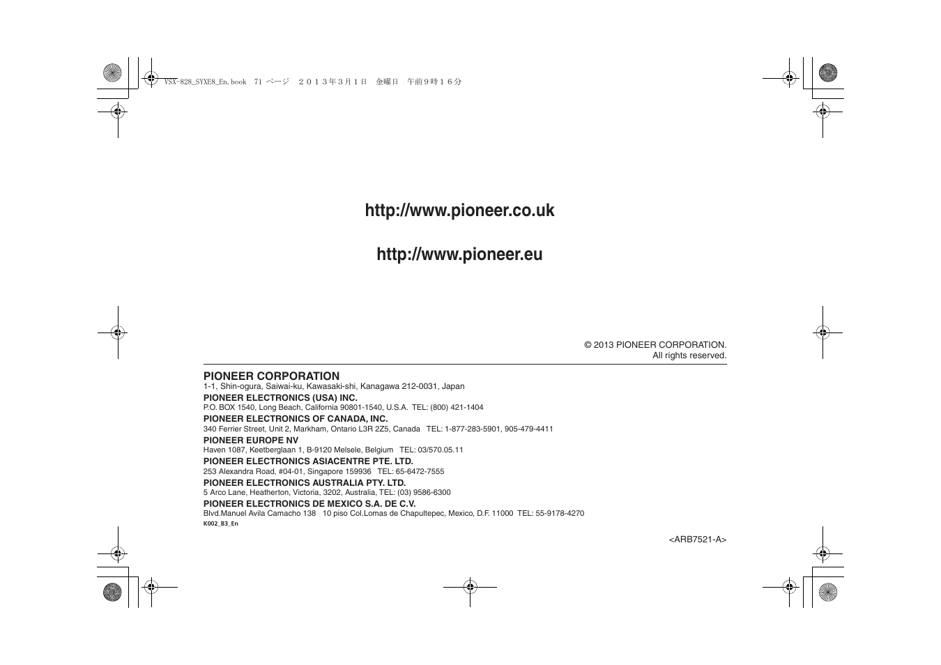 Pioneer VSX-828-K User Manual | Page 71 / 71