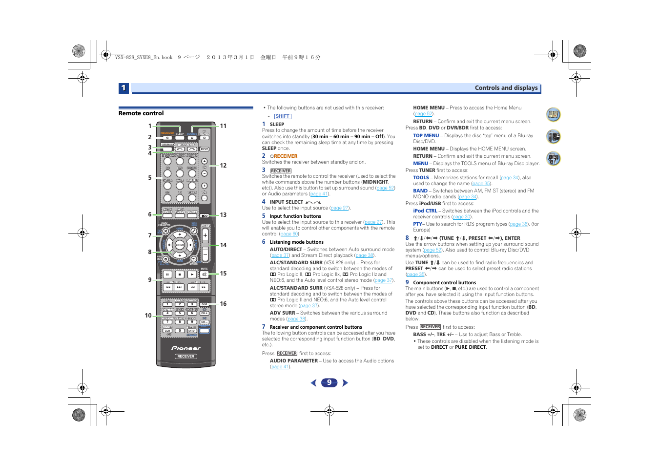 Remote control | Pioneer VSX-828-K User Manual | Page 9 / 71