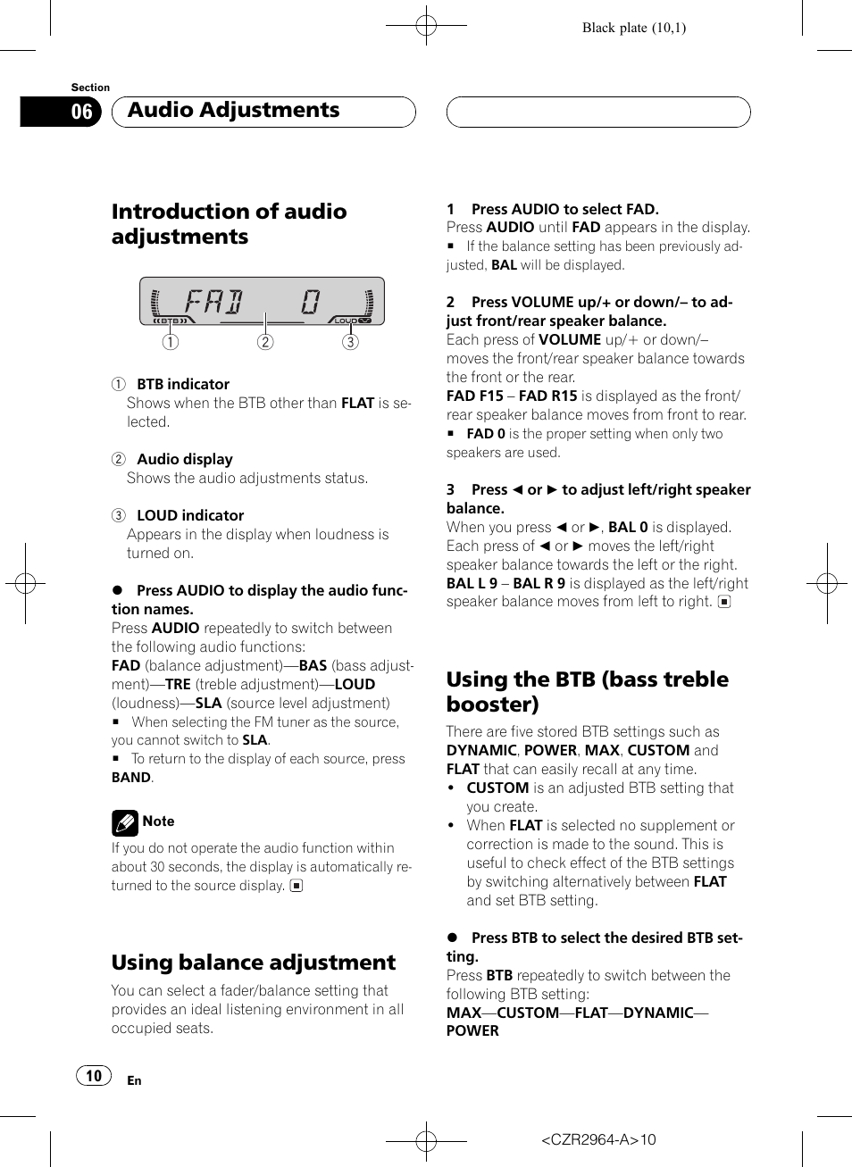 Introduction of audio adjustments, Using balance adjustment, Using the btb (bass treble booster) | Audio adjustments | Pioneer KEH-1033 User Manual | Page 10 / 92