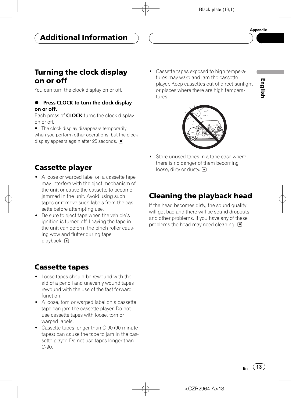 Turning the clock display on or off, Cassette player, Cassette tapes | Cleaning the playback head, Additional information | Pioneer KEH-1033 User Manual | Page 13 / 92