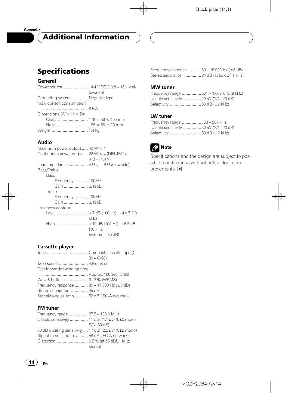 Specifications 14, Specifications, Additional information | Pioneer KEH-1033 User Manual | Page 14 / 92